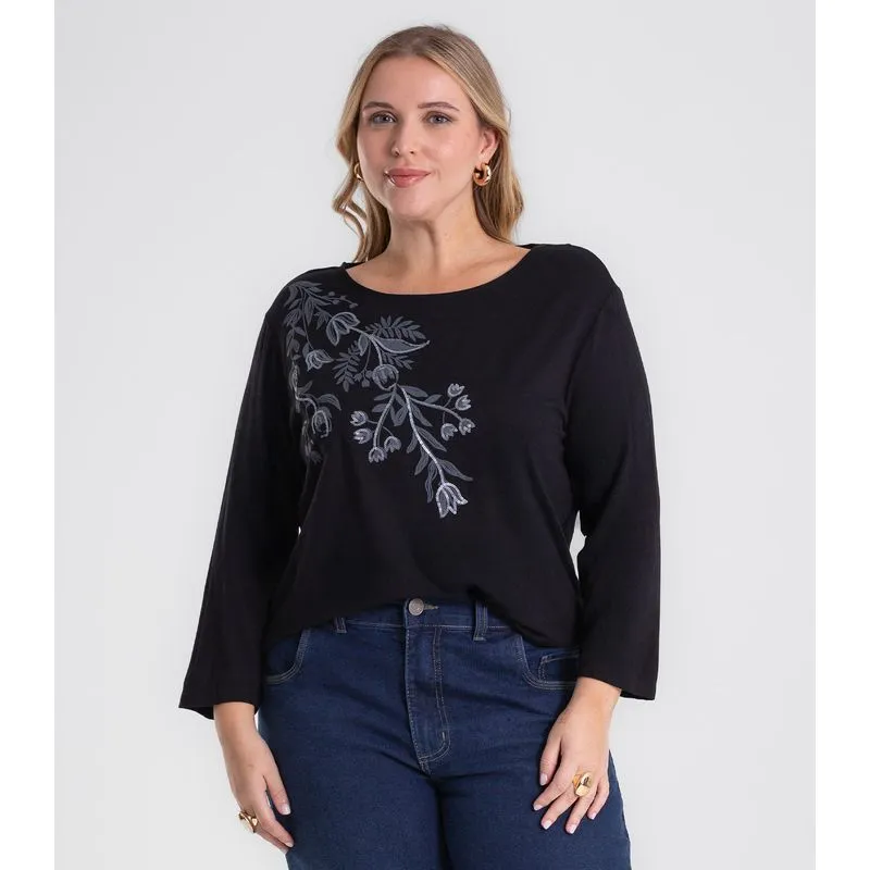Busa De Manga Longa Bordado Plus Size Secret Glam Preto Plus G1