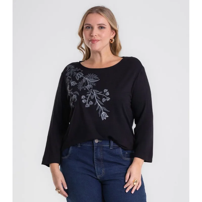 Busa De Manga Longa Bordado Plus Size Secret Glam Preto Plus G4