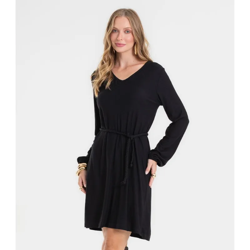 Vestido Feminino Manga Longa Com Cinto Rovitex Preto GG