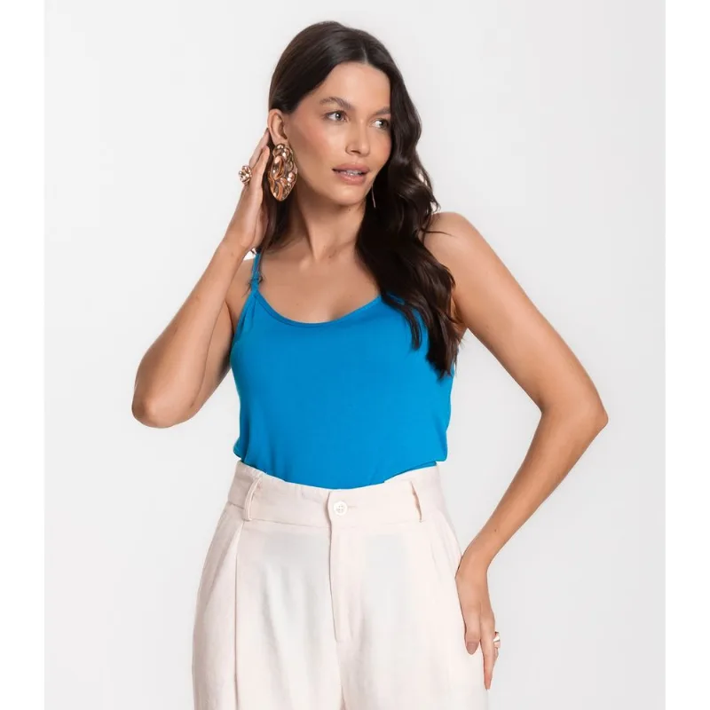 Blusa de Alça em Visco Tricot Infinita Cor Azul G
