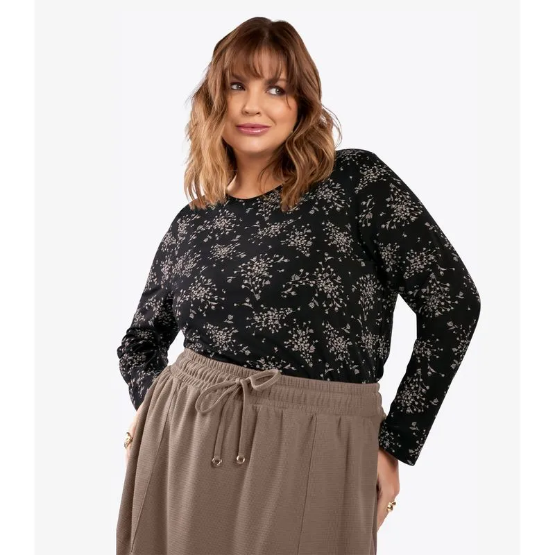 Blusa Manga Longa Plus Size Secret Glam Preto Plus G3