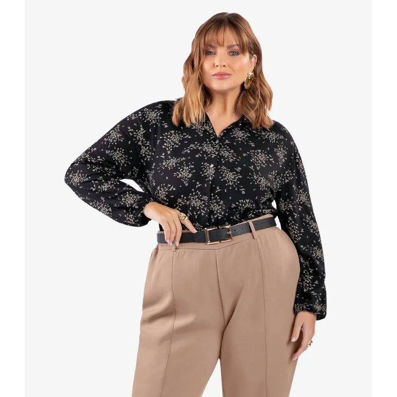 Camisa Manga Longa Estampada Plus Size Secret Glam Preto Plus G4