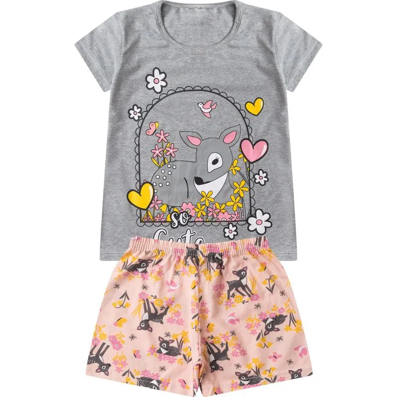 Pijama Verão Menina Curto Algodão Kappes Cinza 12