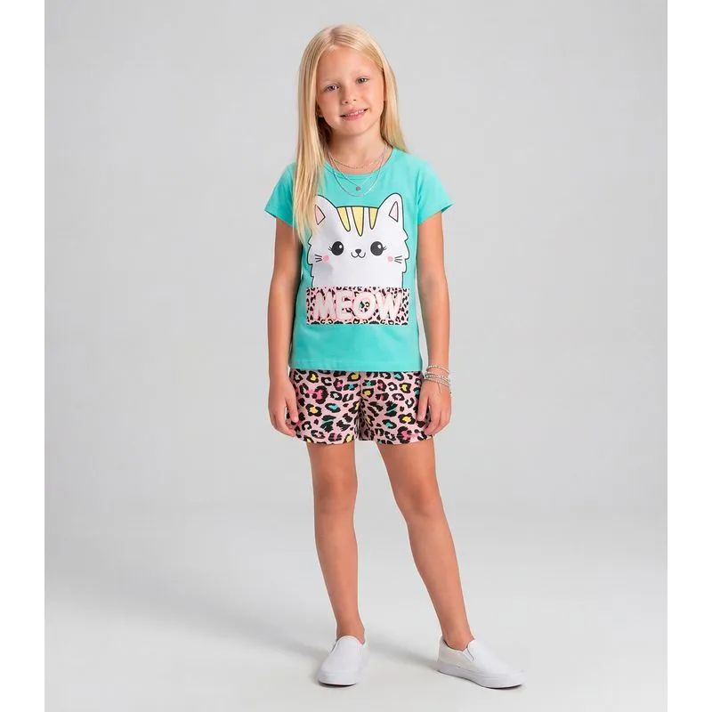 Pijama Verão Menina Curto Algodão Kappes Verde 12