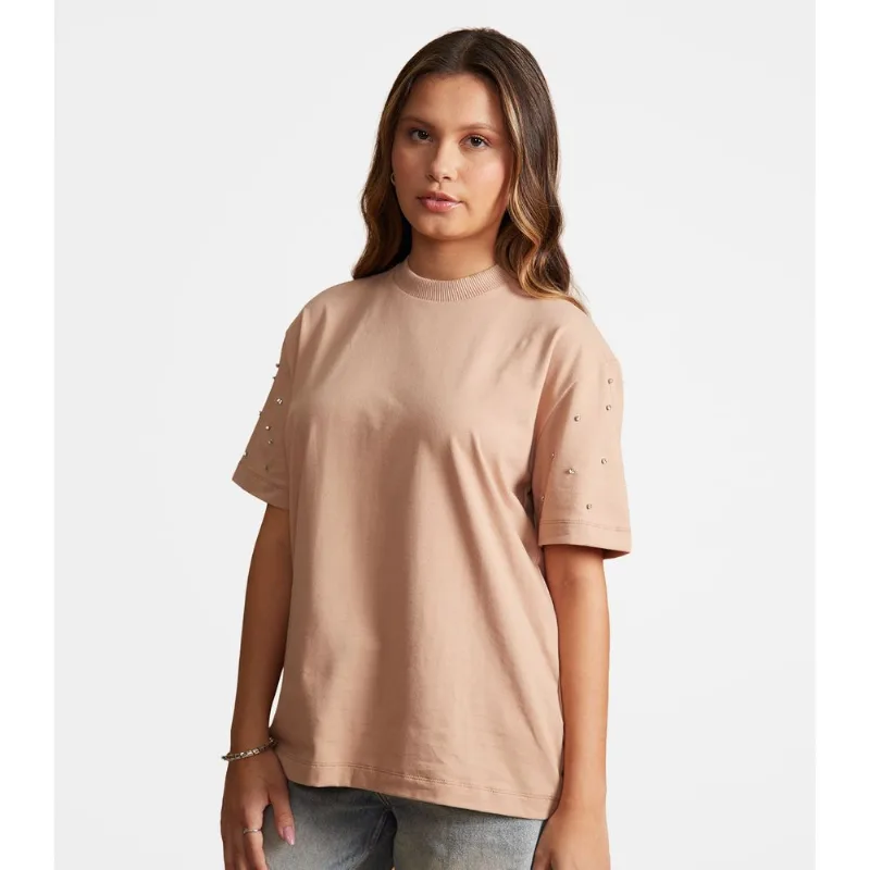 T-Shirt Feminina Com Rebite E Strass Minty Marrom 18