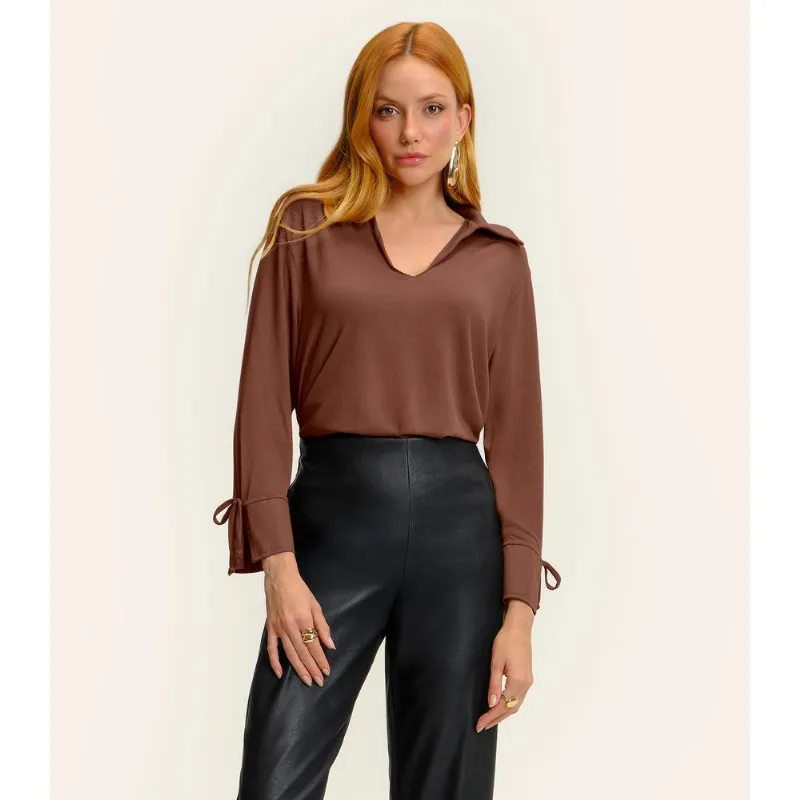 Camisa Feminina Manga Longa Decote V Endless Marrom G