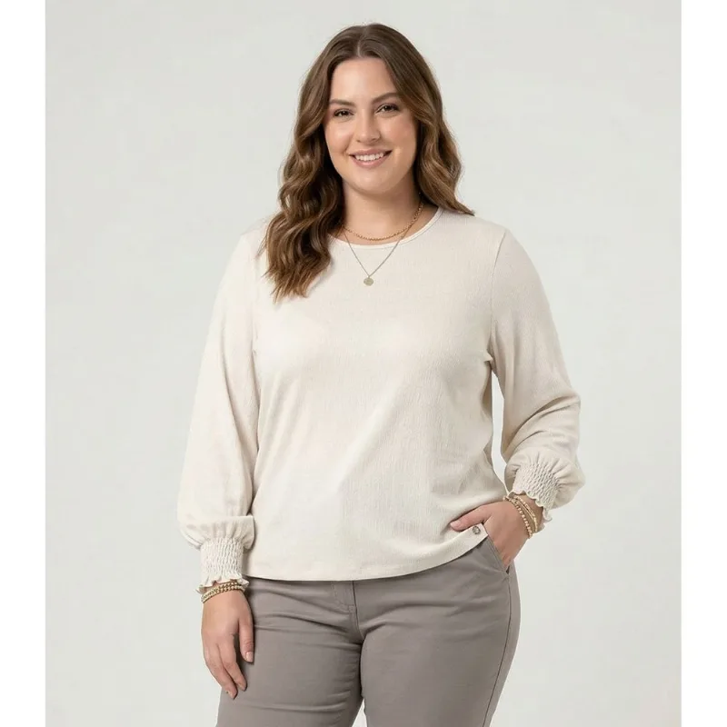 Blusa Manga Longa Lastex Plus Size Secret Glam Bege Plus G3