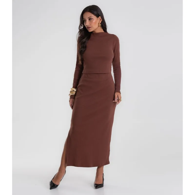 Conjunto Feminino Blusa com Saia Midi Endless Marrom M