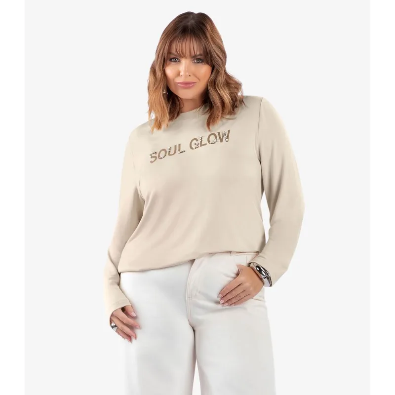 Blusa Manga Longa Com Rebite Plus Size Secret Glam Bege Plus G1