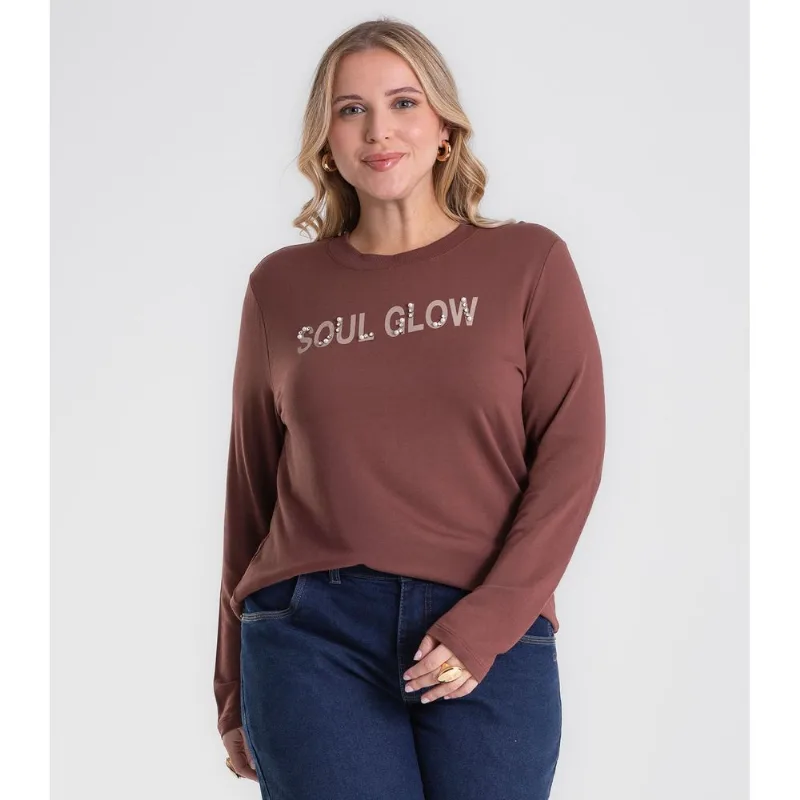 Blusa Manga Longa Com Rebite Plus Size Secret Glam Marrom Plus G2