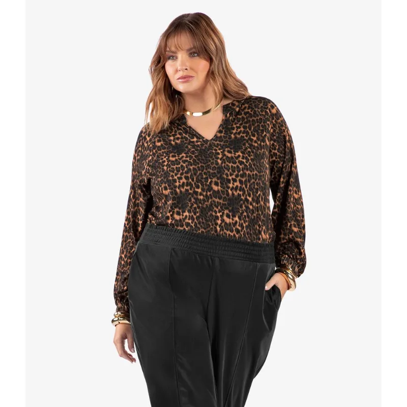 Blusa Manga Longa Estampa Onça Plus Secret Glam Marrom Plus G1