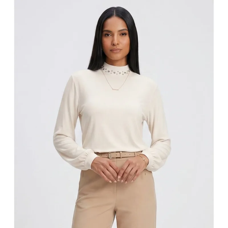 Blusa Feminina Manga Longa Gola Com Rebite Endless Bege GG