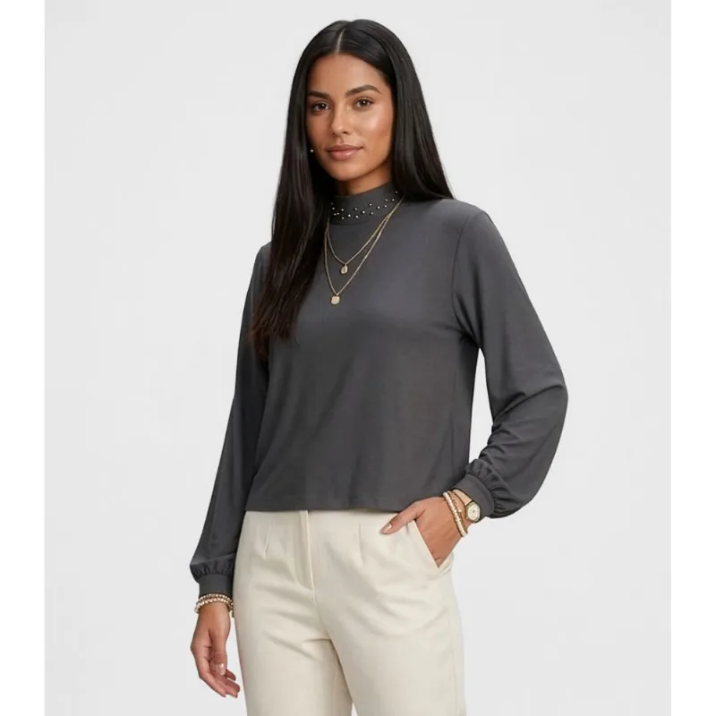 Blusa Feminina Manga Longa Gola Com Rebite Endless Cinza M