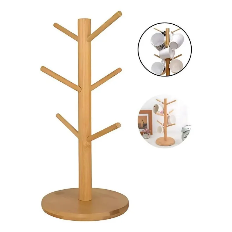 2x Suporte Organizador Porta Xicara Pendurar Caneca Em Bambu