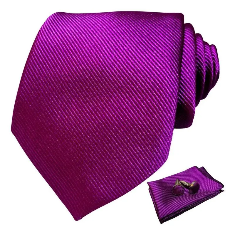 Kit Gravata Social Com Lenço E Abotoadura Tr Rosa Fucsia