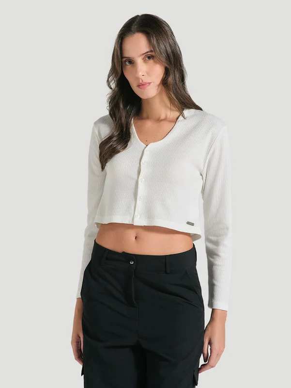Blusa Cropped de Algodão Manga Longa Off White Hurley Aurora P / Off White