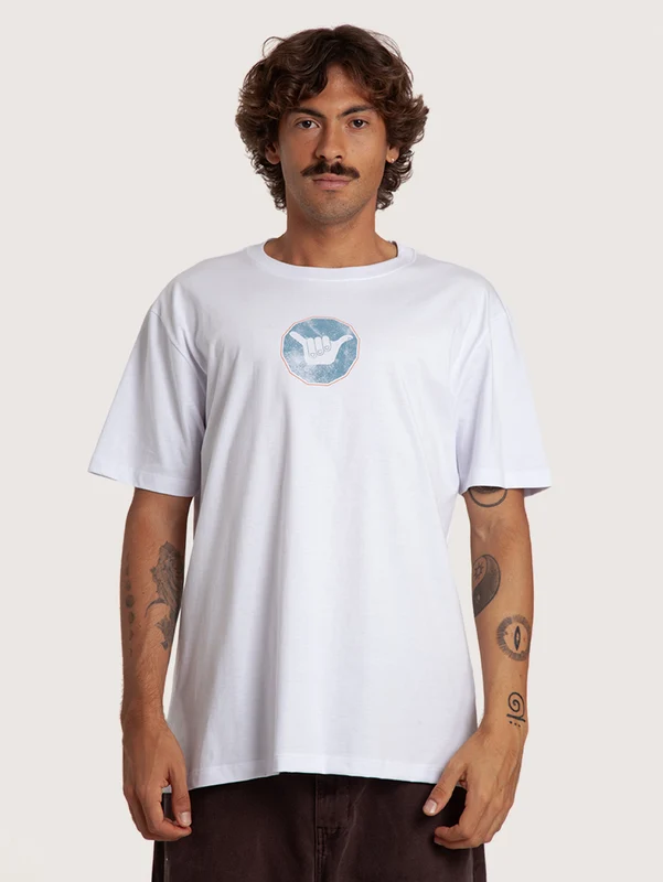 Camiseta Manga Curta Branca Masculina Hang Loose Sign P / BRANCO