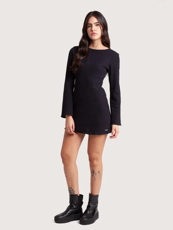 Vestido Manga Longa Curto Preto Feminino Hang Loose Waffle P / Preto