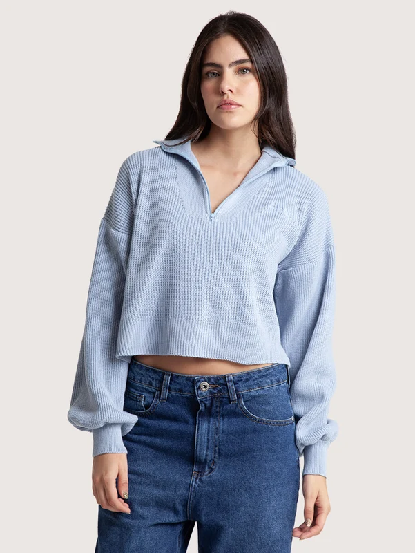 Blusa Tricot Hang Loose Zip Feminino Azul Claro G / Azul Claro