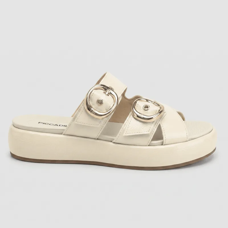 Tamanco Sol Salto Médio Off White Fivelas 39