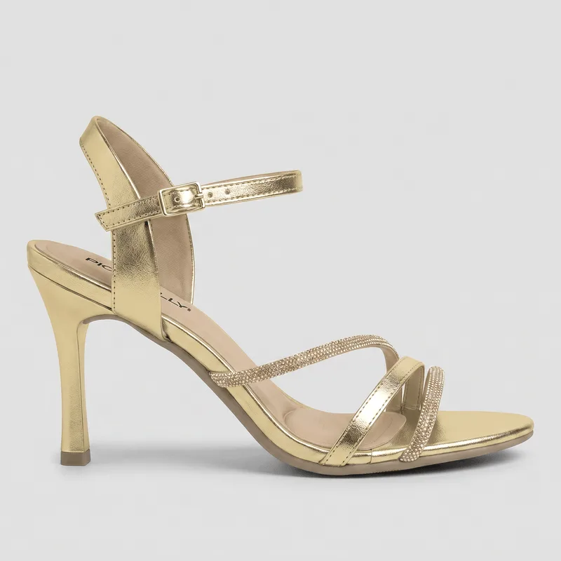 Sandália Rafa Salto Alto Ouro com Rose Tiras Strass 36