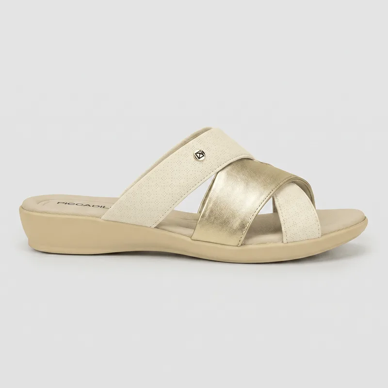 Tamanco Camila Salto Baixo Ouro com Off White 33