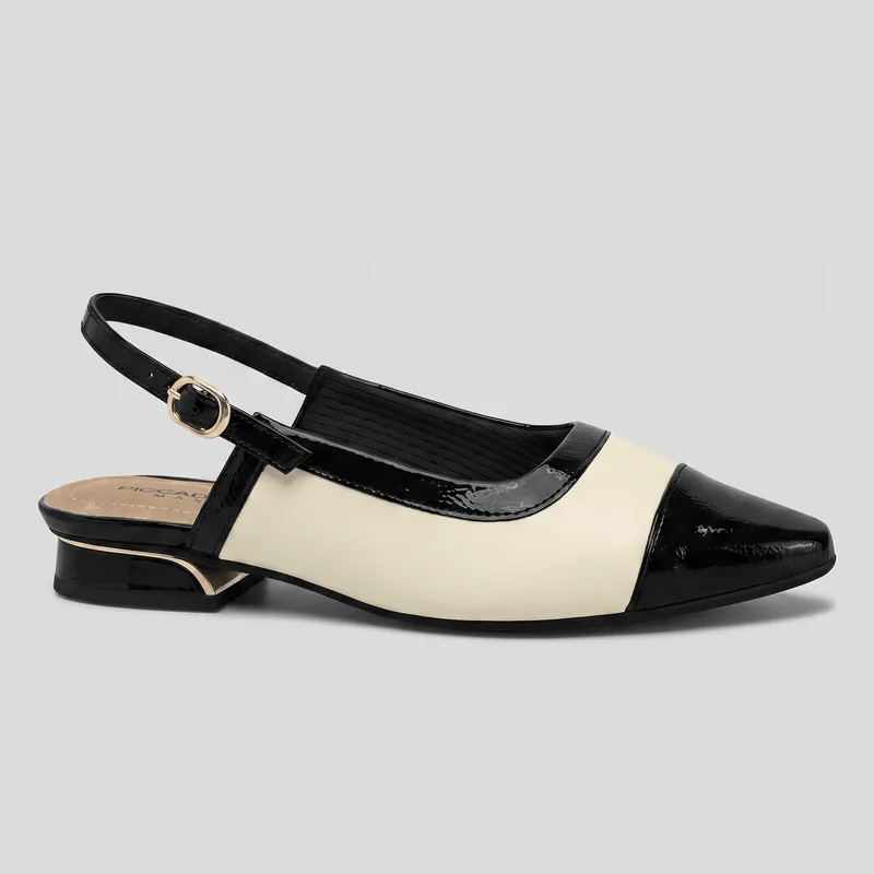 PICCADILLY MAXI - Slingback Silvia Salto Baixo Off White com Preto 39