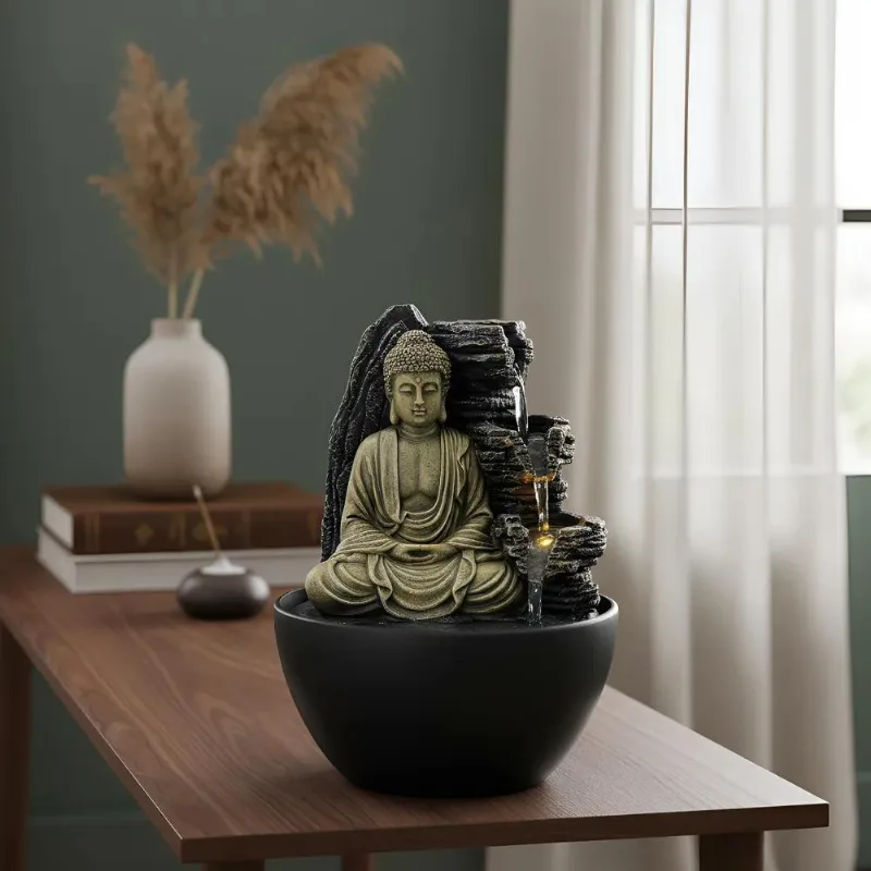 Fonte Água Decorativa De Mesa 3 Quedas Le Buda Dourado Bivol