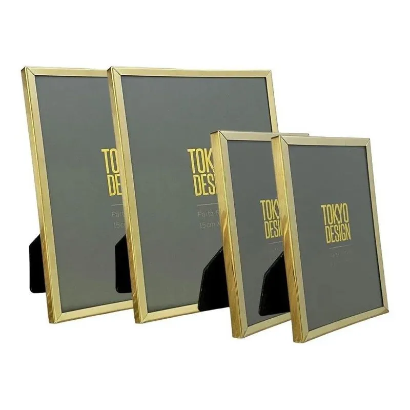 Conjunto De 4 Porta Retratos Aço Inox Moldura 10x15 E Dourad