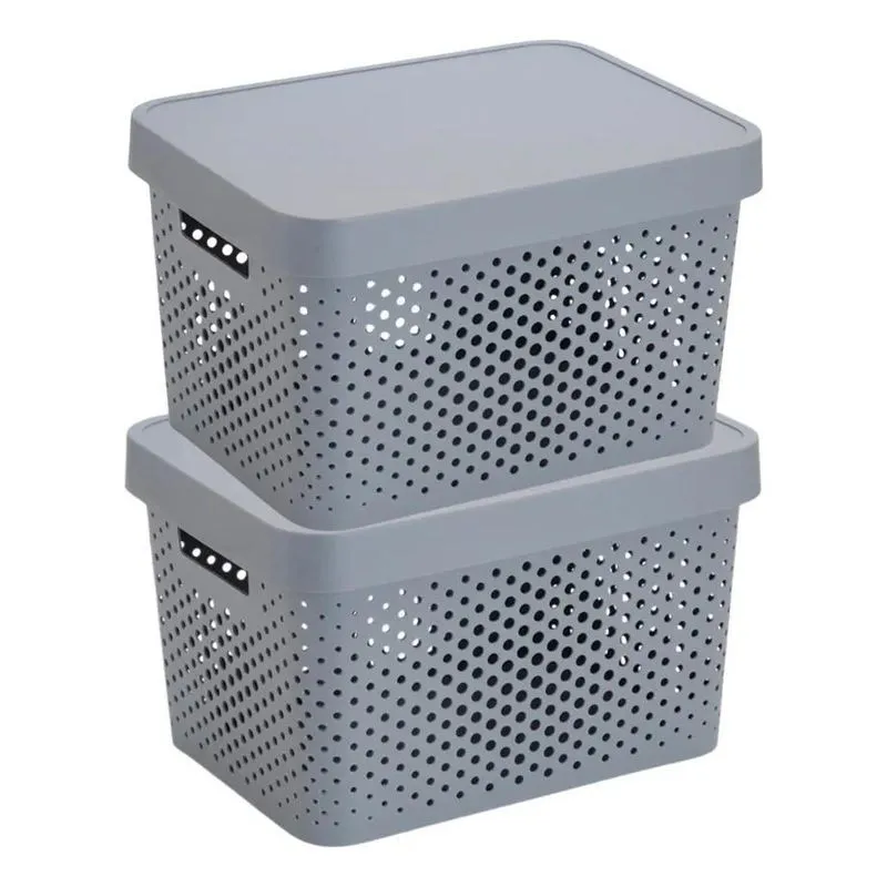 2 Caixas Organizadoras Grande Plastico Cesto Com Tampa Cinz