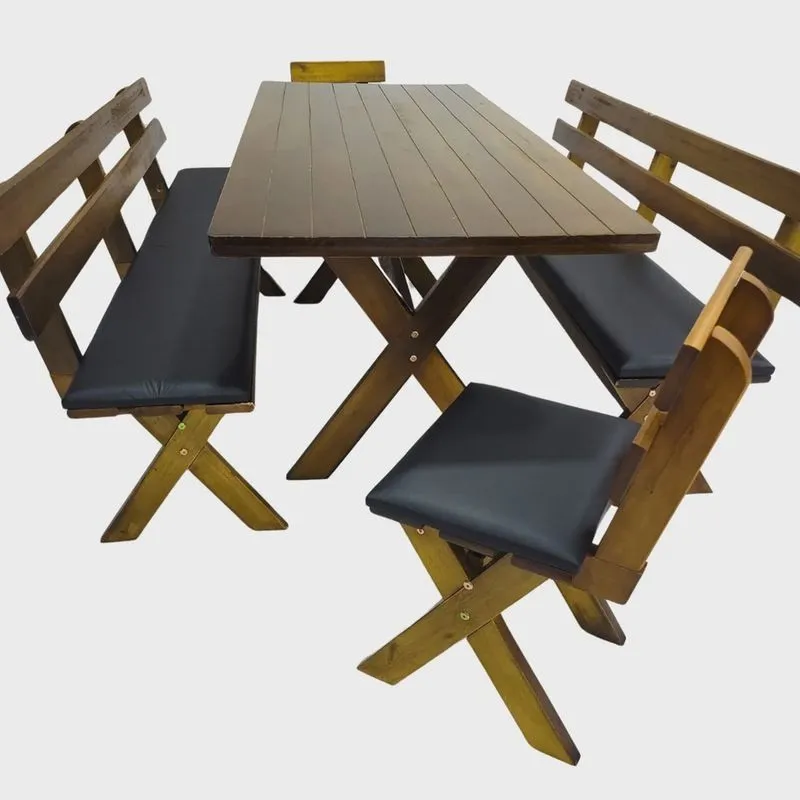Conjunto Mesa Madeira Maciça Para Churrasco Imbuia + 4 Bancos Estofados - Preto