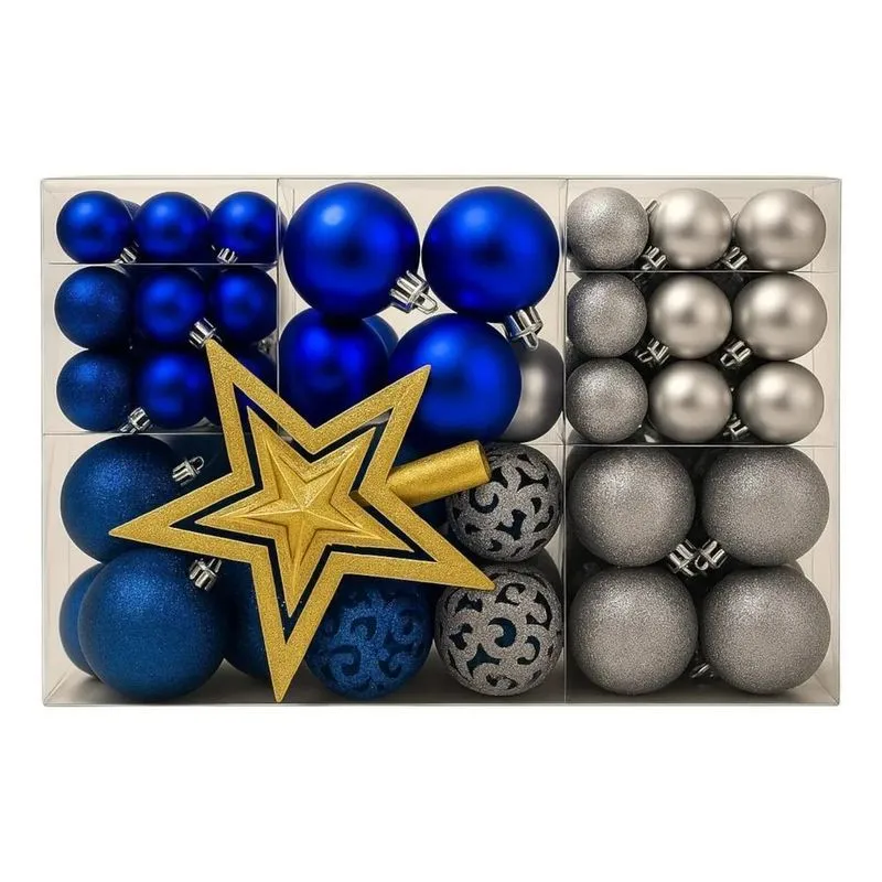 Kit C/100 Bolas De Natal Lisas/fos Prata E Azul