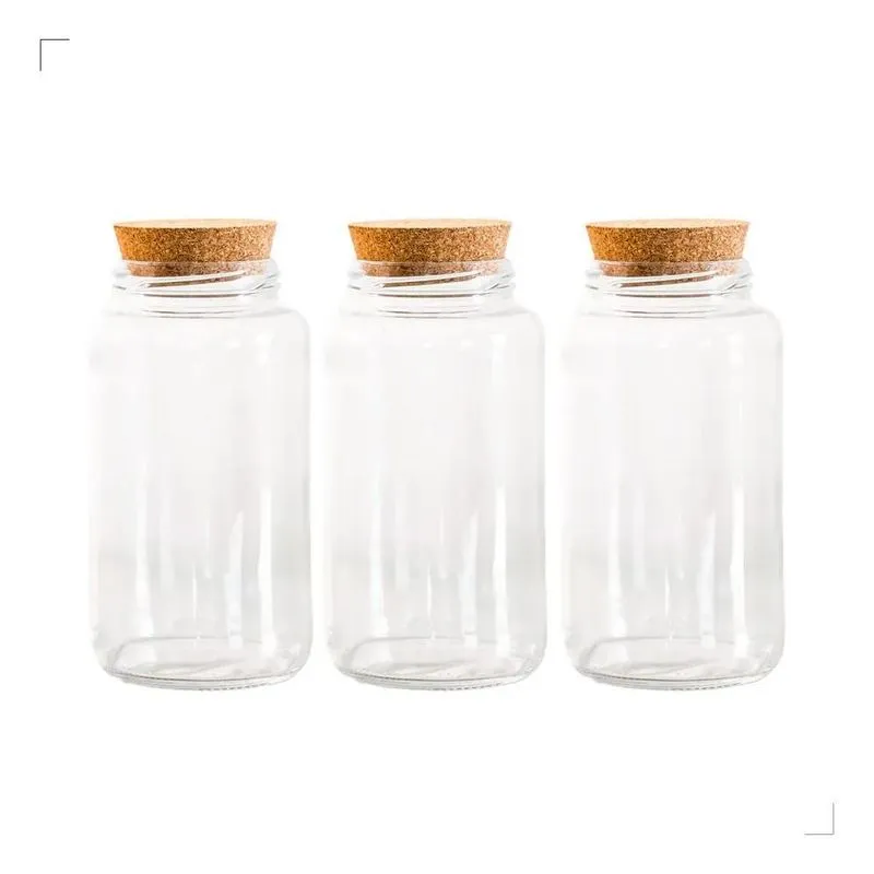 2x Kit 3 Potes Médios De Vidro 810 Ml Com Tampa Cortiça Cor