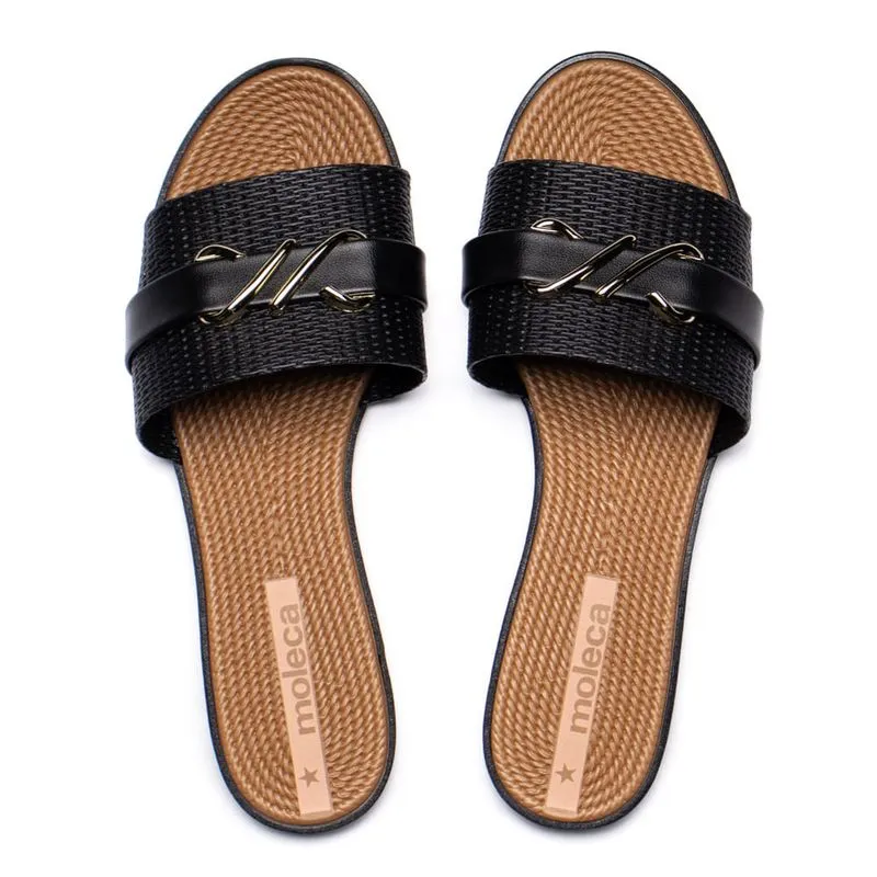 Rasteira Feminina Moleca Napa Pesponto Textura Preto/Bege - 35
