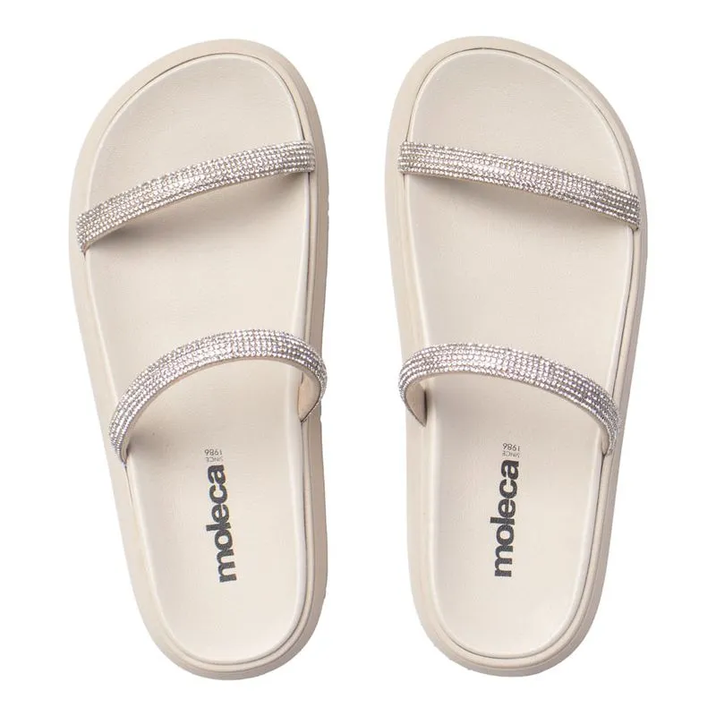 Chinelo Slide Feminino Moleca Flatform Pedrarias Creme/Cinza - 34