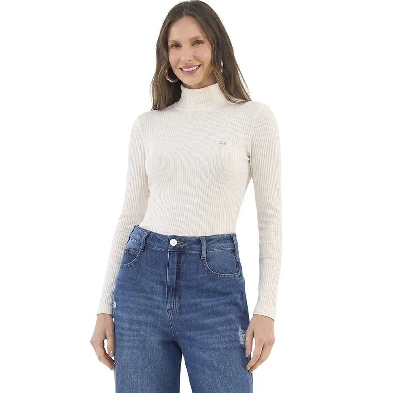 Blusa Colcci Canelada Manga Longa Gola Alta Off Shell Feminina G / Branco