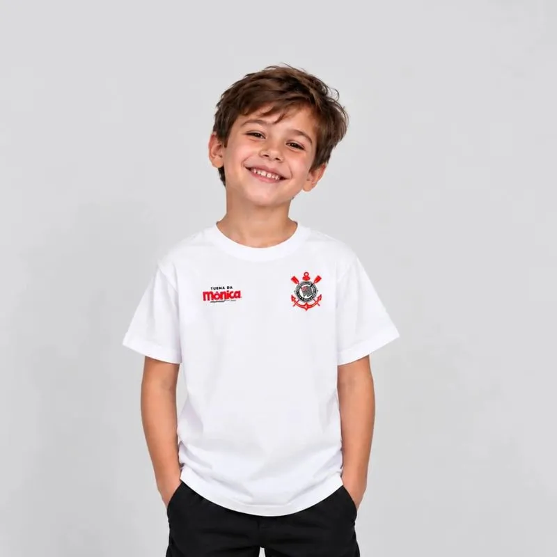 Camiseta Infantil de Futebol Corinthians Turma da Mônica Gol Braziline Branca, 10 ANOS