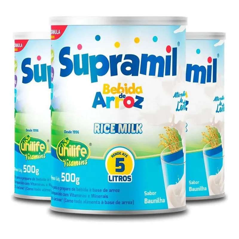 Kit 3 Supramil Bebida De Arroz Kids 500g Unilife Sabor Bauni