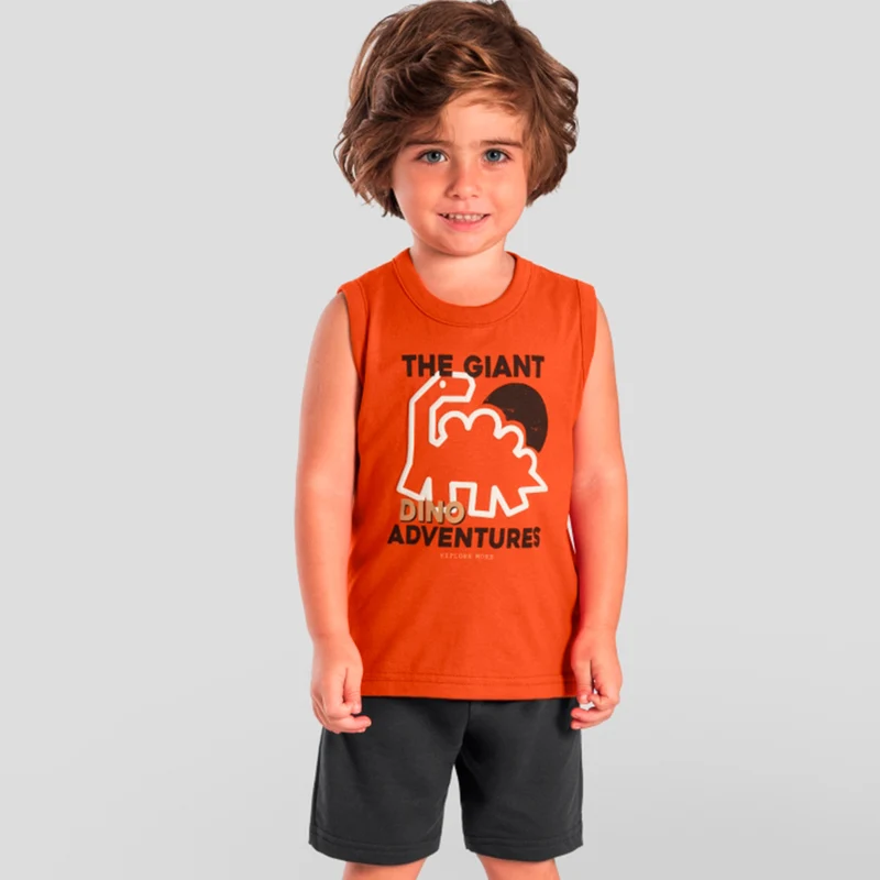 Conjunto Regata e Shorts Brandilli Estampa de Dinossauro Em Puff Masculino 08 / Menino / Laranja Escuro