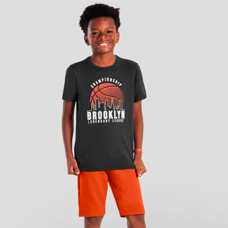 Conjunto Manga Curta E Bermuda Brandili Estampa De Basquete Masculino 06 / Menino / Cinza Escuro