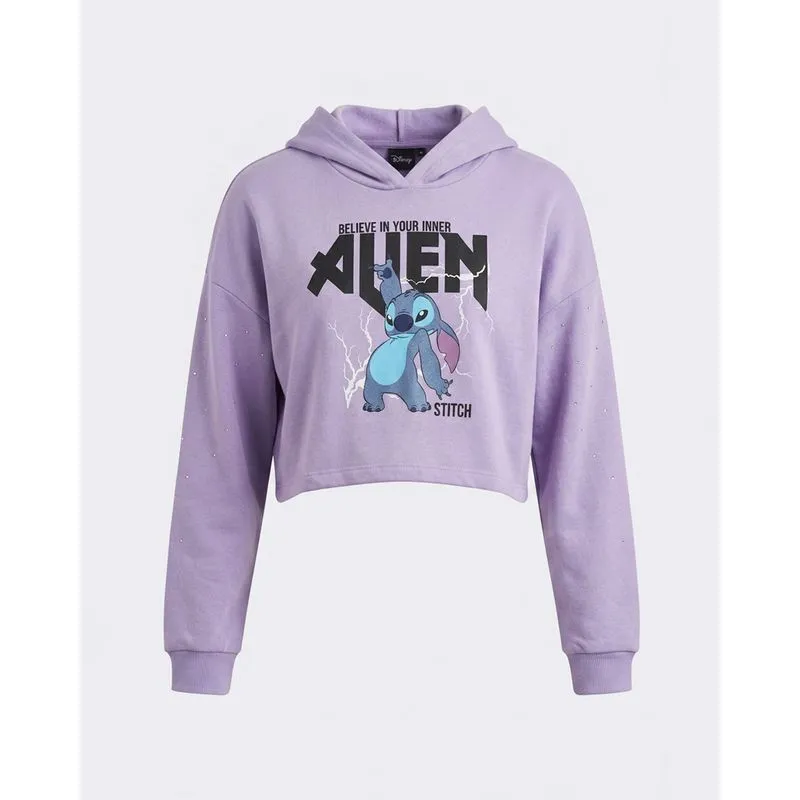 Blusão Juvenil Moletinho Disney Stitch Cropped Com Capuz Lilás 18