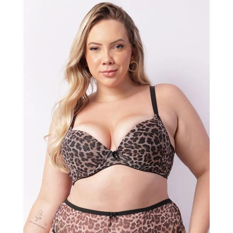 Sutiã Plus Size Feminino Com Base E Bojo Tule Animal Print Marrom 50