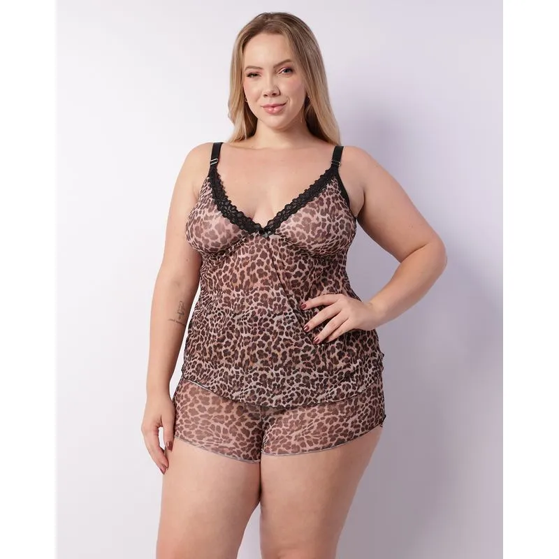 Short Doll Plus Size Feminino Curto Tule Animal Print Marrom 48