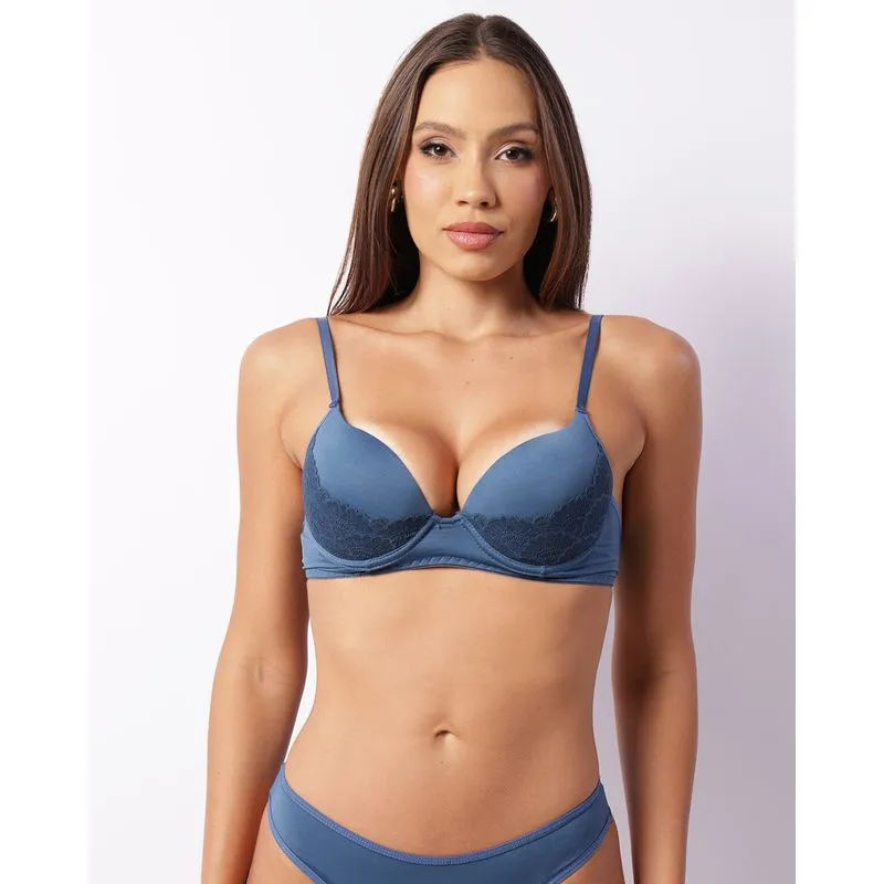 Sutiã Feminino Com Base E Bojo Detalhe Renda Azul 42