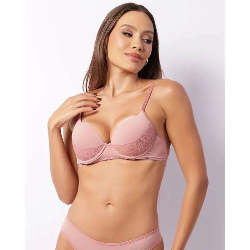 Sutiã Feminino Com Base E Bojo Detalhe Renda Rosa 44