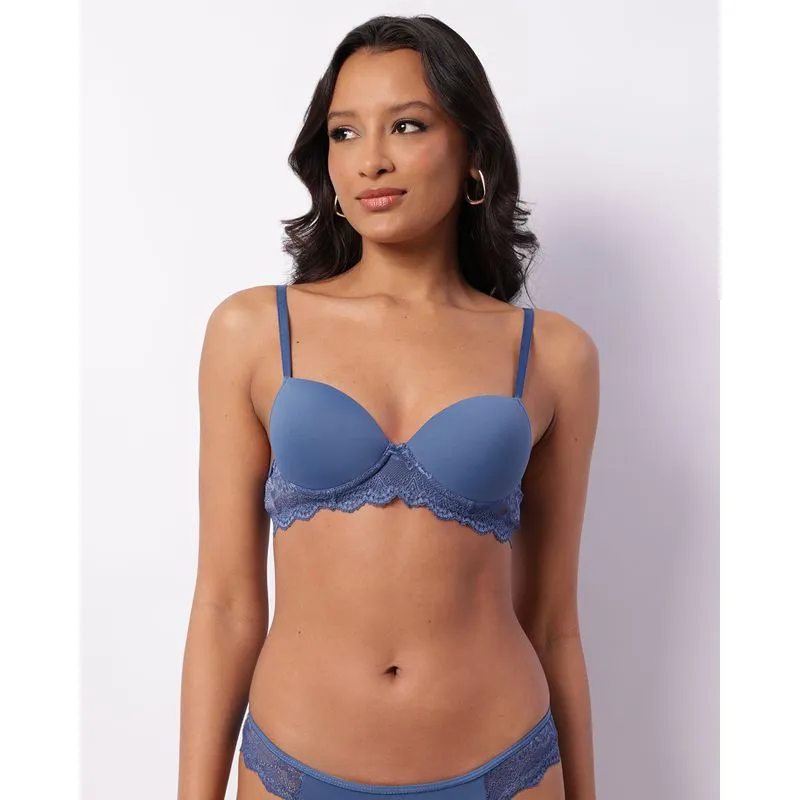 Sutiã Feminino Com Base E Bojo Com Renda Azul 40