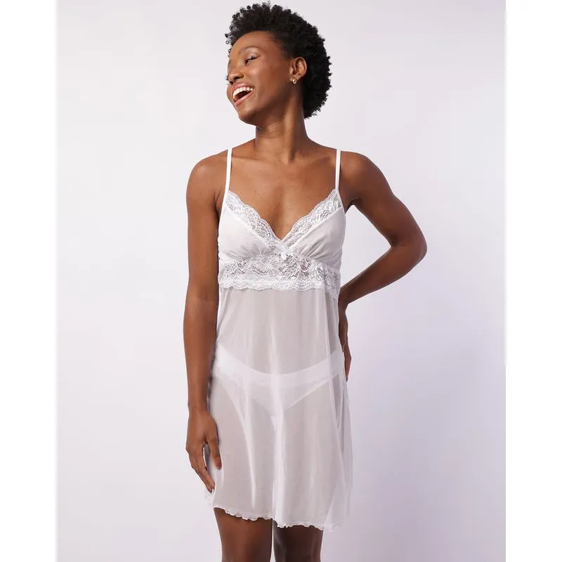 Camisola Feminina Tule com Renda Branca G