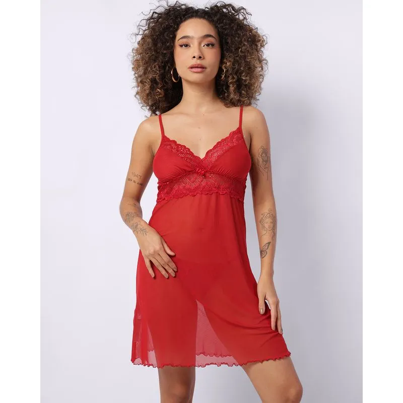 Camisola Feminina Tule com Renda Vermelha GG