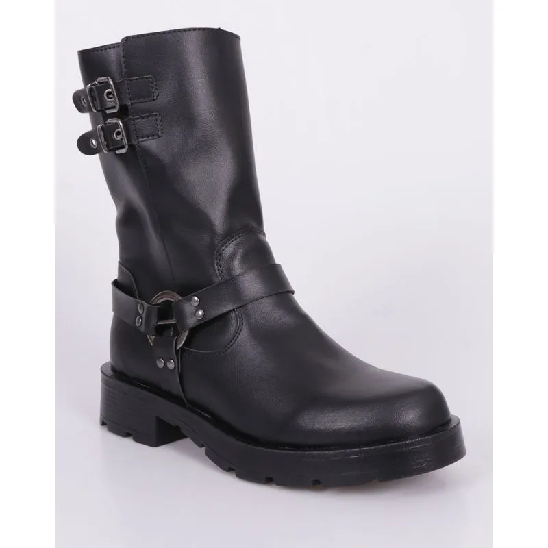 Bota Feminina Coturno Zíper Com Fivelas Preta 37