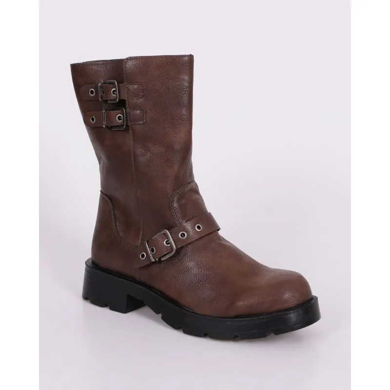 Bota Feminina Coturno Tratorada Fivelas Com Tachas Marrom 39